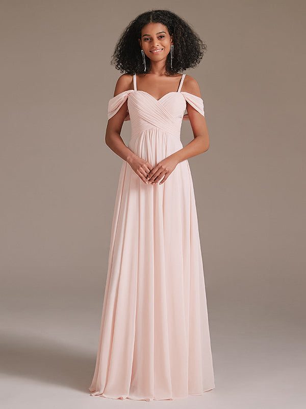 Off Shoulder Pink Long Pleated  Bridesmaid Dresses