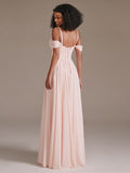 Off Shoulder Pink Long Pleated  Bridesmaid Dresses