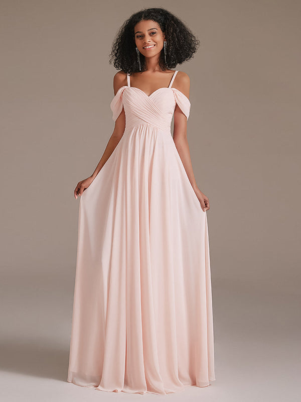 Off Shoulder Pink Long Pleated Bridesmaid Dresses Loyeloy