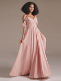 Cold Shoulder A Line Pleated Chiffon Bridesmaid Dresses