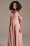 Cold Shoulder A Line Pleated Chiffon Bridesmaid Dresses