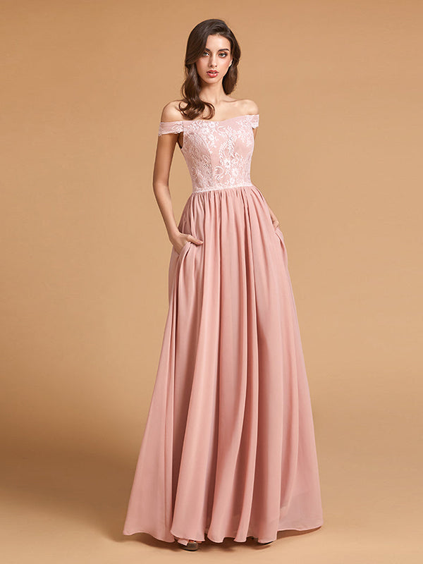Elegant Off The Shoulder Bridesmaid Maxi Dresses with Pockets