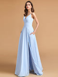 Minimalist A Line Spaghetti Straps V Neck Bridesmaid Dresses with Slit