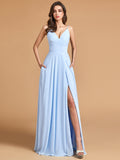 Minimalist A Line Spaghetti Straps V Neck Bridesmaid Dresses with Slit