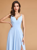 Minimalist A Line Spaghetti Straps V Neck Bridesmaid Dresses with Slit
