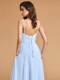 Minimalist A Line Spaghetti Straps V Neck Bridesmaid Dresses with Slit