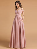 Modern A Line Off The Shoulder Bridesmaid Maxi dresses with Pocket