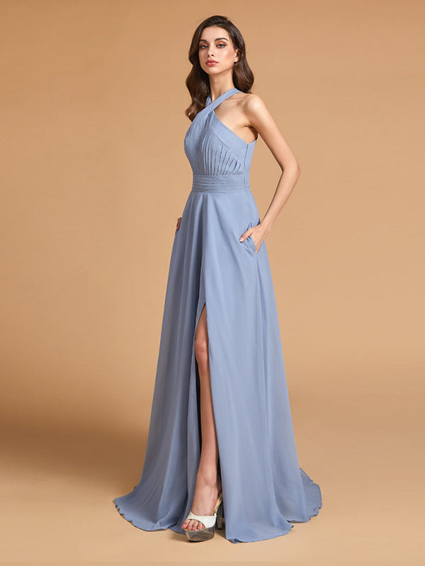 Elegant Halter Sleeveless Floor Length Bridesmaid dresses