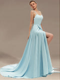 Delicate A Line Satin Spaghetti Straps Sweep Train Prom Dresses