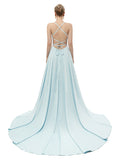 Delicate A Line Satin Spaghetti Straps Sweep Train Prom Dresses