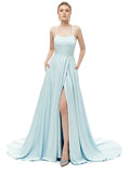 Delicate A Line Satin Spaghetti Straps Sweep Train Prom Dresses