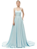 Delicate A Line Satin Spaghetti Straps Sweep Train Prom Dresses