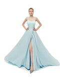 Delicate A Line Satin Spaghetti Straps Sweep Train Prom Dresses