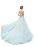 Delicate A Line Satin Spaghetti Straps Sweep Train Prom Dresses