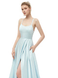Delicate A Line Satin Spaghetti Straps Sweep Train Prom Dresses
