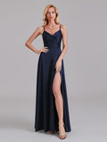 A-Line V-Neck Spaghetti Straps Satin Side Slit Cheap Long Bridesmaid Dress