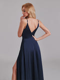 A-Line V-Neck Spaghetti Straps Satin Side Slit Cheap Long Bridesmaid Dress