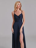 A-Line V-Neck Spaghetti Straps Satin Side Slit Cheap Long Bridesmaid Dress