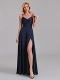 A-Line V-Neck Spaghetti Straps Satin Side Slit Cheap Long Bridesmaid Dress