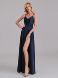 A-Line V-Neck Spaghetti Straps Satin Side Slit Cheap Long Bridesmaid Dress