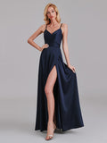 A-Line V-Neck Spaghetti Straps Satin Side Slit Cheap Long Bridesmaid Dress