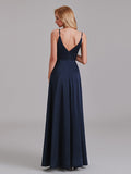 A-Line V-Neck Spaghetti Straps Satin Side Slit Cheap Long Bridesmaid Dress