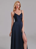 A-Line V-Neck Spaghetti Straps Satin Side Slit Cheap Long Bridesmaid Dress