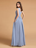 Simple Dusty Blue Pleated Chiffon Bridesmaid Dresses