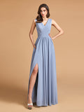 Simple Dusty Blue Pleated Chiffon Bridesmaid Dresses