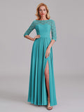 Charming Illusion 3/4 Sleeves Side Slit Chiffon Long Bridesmaid Dresses With Lace