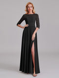 Charming Illusion 3/4 Sleeves Side Slit Chiffon Long Bridesmaid Dresses With Lace