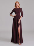 Charming Illusion 3/4 Sleeves Side Slit Chiffon Long Bridesmaid Dresses With Lace