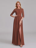 Charming Illusion 3/4 Sleeves Side Slit Chiffon Long Bridesmaid Dresses With Lace