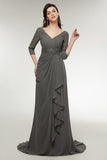 Double V-Neck Gray Mother of The Bride(Groom) Dress with Half Sleeve