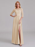 Charming Illusion 3/4 Sleeves Side Slit Chiffon Long Bridesmaid Dresses With Lace