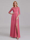 Charming Illusion 3/4 Sleeves Side Slit Chiffon Long Bridesmaid Dresses With Lace