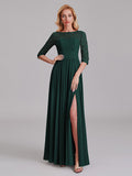 Charming Illusion 3/4 Sleeves Side Slit Chiffon Long Bridesmaid Dresses With Lace