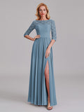 Charming Illusion 3/4 Sleeves Side Slit Chiffon Long Bridesmaid Dresses With Lace