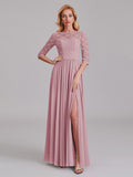 Charming Illusion 3/4 Sleeves Side Slit Chiffon Long Bridesmaid Dresses With Lace