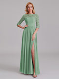 Charming Illusion 3/4 Sleeves Side Slit Chiffon Long Bridesmaid Dresses With Lace