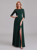 Charming Illusion 3/4 Sleeves Side Slit Chiffon Long Bridesmaid Dresses With Lace
