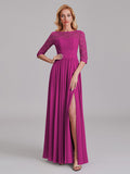 Charming Illusion 3/4 Sleeves Side Slit Chiffon Long Bridesmaid Dresses With Lace