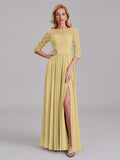 Charming Illusion 3/4 Sleeves Side Slit Chiffon Long Bridesmaid Dresses With Lace