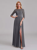 Charming Illusion 3/4 Sleeves Side Slit Chiffon Long Bridesmaid Dresses With Lace