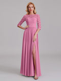 Charming Illusion 3/4 Sleeves Side Slit Chiffon Long Bridesmaid Dresses With Lace