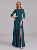 Charming Illusion 3/4 Sleeves Side Slit Chiffon Long Bridesmaid Dresses With Lace