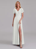 A-Line V-Neck Short Sleeves Side Slit Chiffon Bridesmaid Dress With Belt