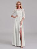 Charming Illusion 3/4 Sleeves Side Slit Chiffon Long Bridesmaid Dresses With Lace