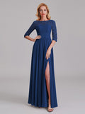 Charming Illusion 3/4 Sleeves Side Slit Chiffon Long Bridesmaid Dresses With Lace