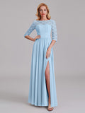 Charming Illusion 3/4 Sleeves Side Slit Chiffon Long Bridesmaid Dresses With Lace